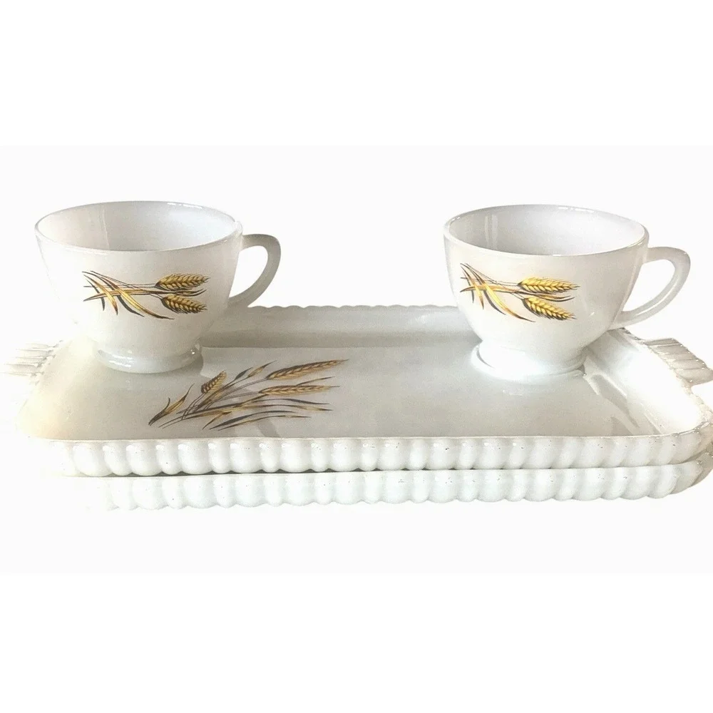 Fire-King Golden Wheat Milk‎ Glass Snack Set Trays and Cups Vintage 4 Piece